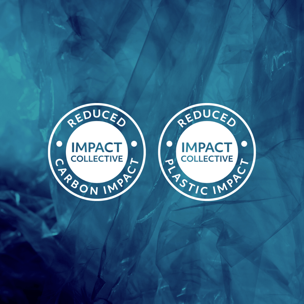 A photo of the two certification marks Incredible Eats has. The first is the Reduced Carbon Impact certification from Impact Collective. The second is the Reduced Plastic Impact certification from Impact Collective. There is a background of blue plastic.